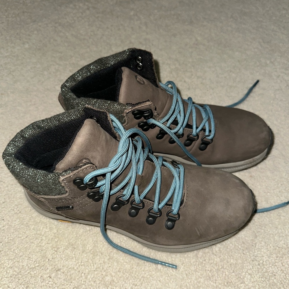 Merrell Brown hiking boots with gray accents and blue laces